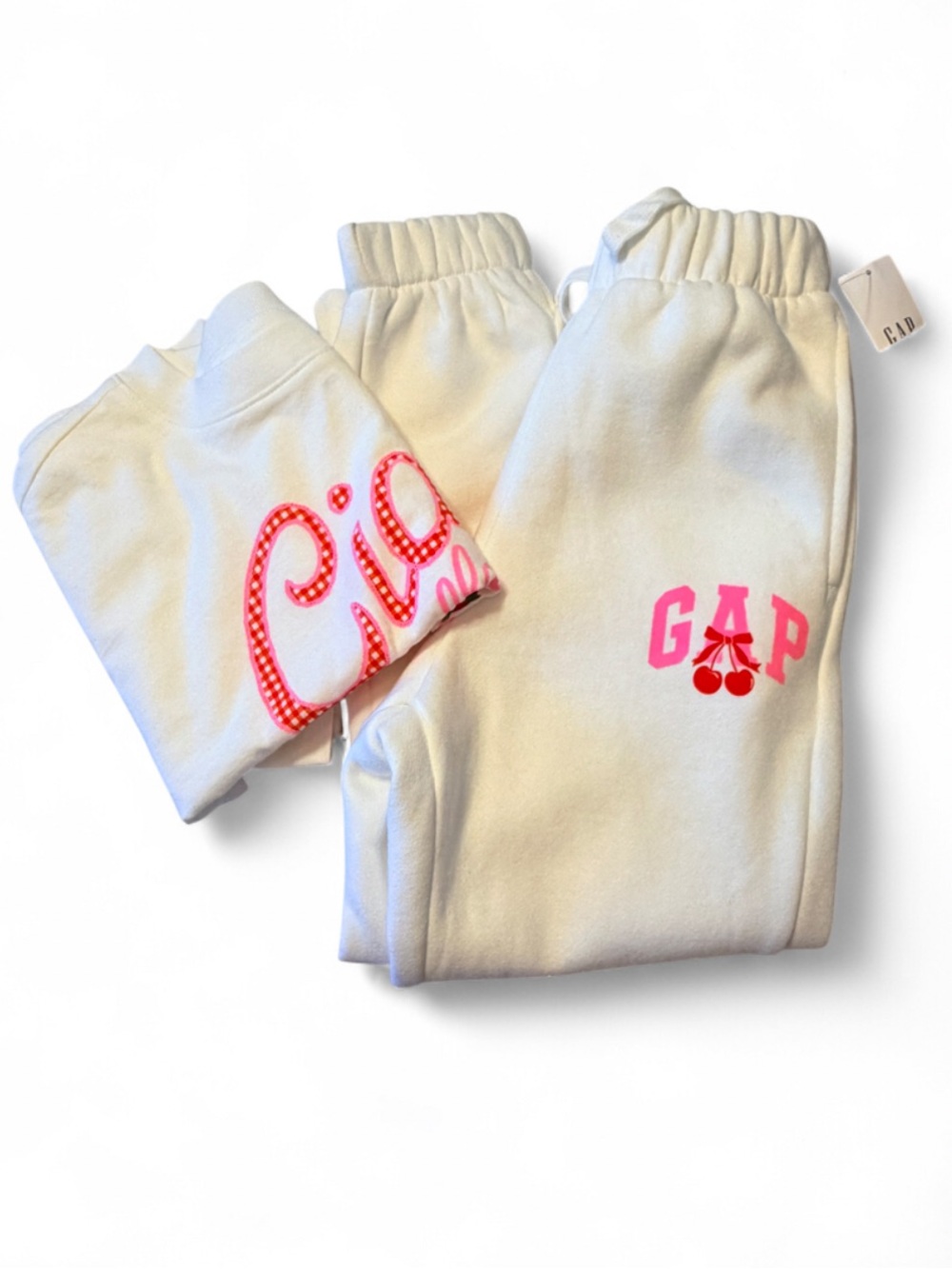 GAP Kids Cream Sweatshirt & Joggers with Pink Logo